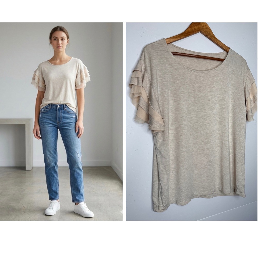 Jane & Delancey Mesh Flutter Tiered Ruffle Sleeve Top Women M Beige Tee BohoSoft